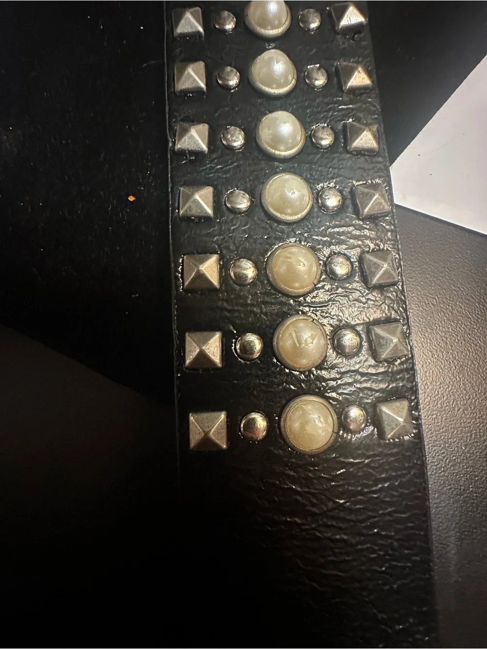 Guess Black Studded Pearl Accent Leather Belt with Silver Buckle 45” long